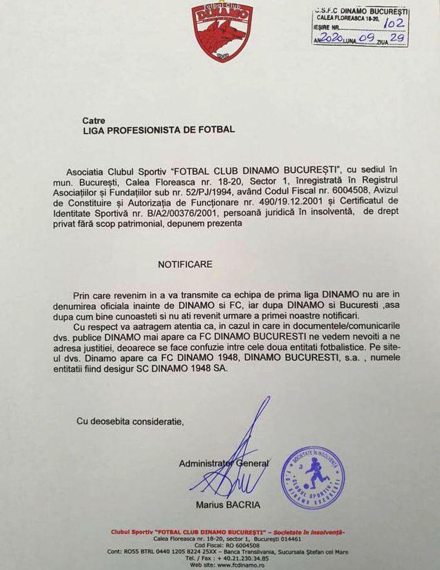 Notificarea trimisă de Nicolae Badea către LPF Notificarea trimisă de Nicolae Badea către LPF