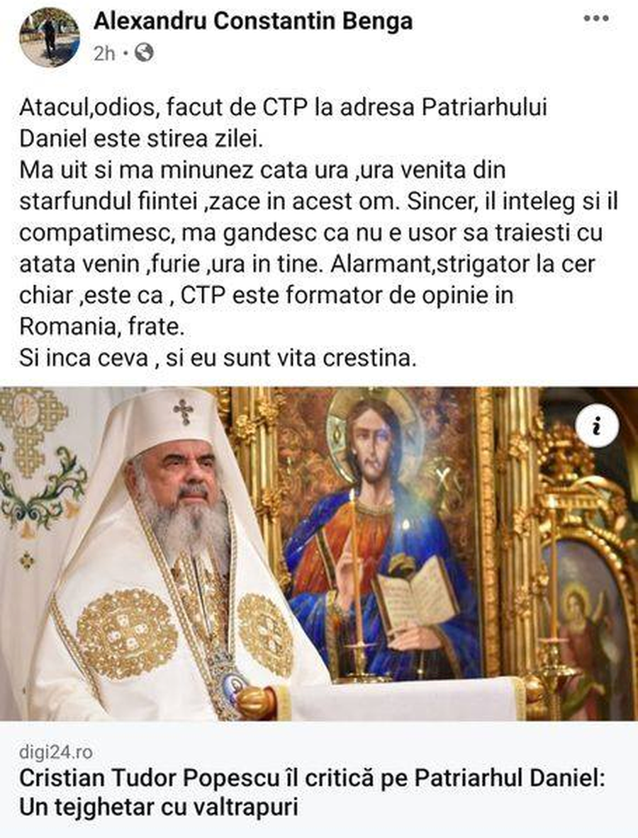 Un fotbalist din Liga 1 îl critică pe Cristian Tudor Popescu, după atacul jurnalistului la adresa Patriarhului Daniel: „Nu e ușor să trăiești cu atâta venin, furie și ură în tine. Și eu sunt vită creștină!”