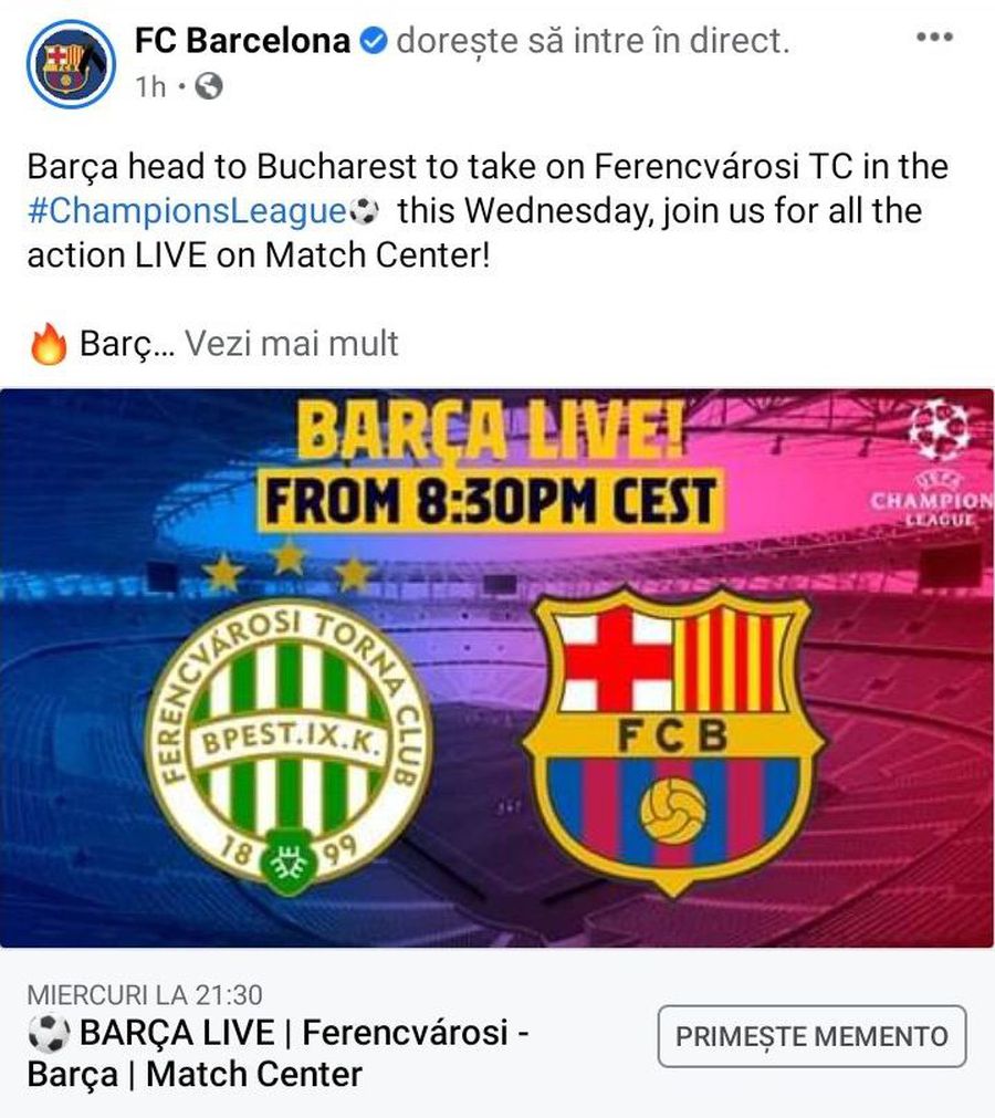 Ce gafă au făcut cei de la Barcelona: au zis că au deplasare la Bucureşti! » Maghiarii au luat foc: „Sper ca Ferencvaros să câștige cu Real Madrid”