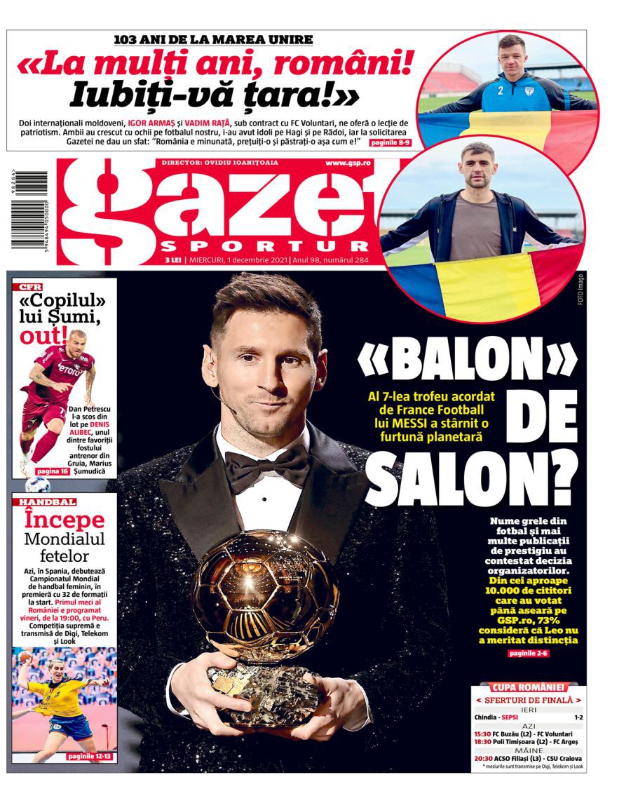Gazeta Sporturilor, ediția de azi - 1 decembrie 2021 Messi, Balon de Aur livrat din reflex, prin curier