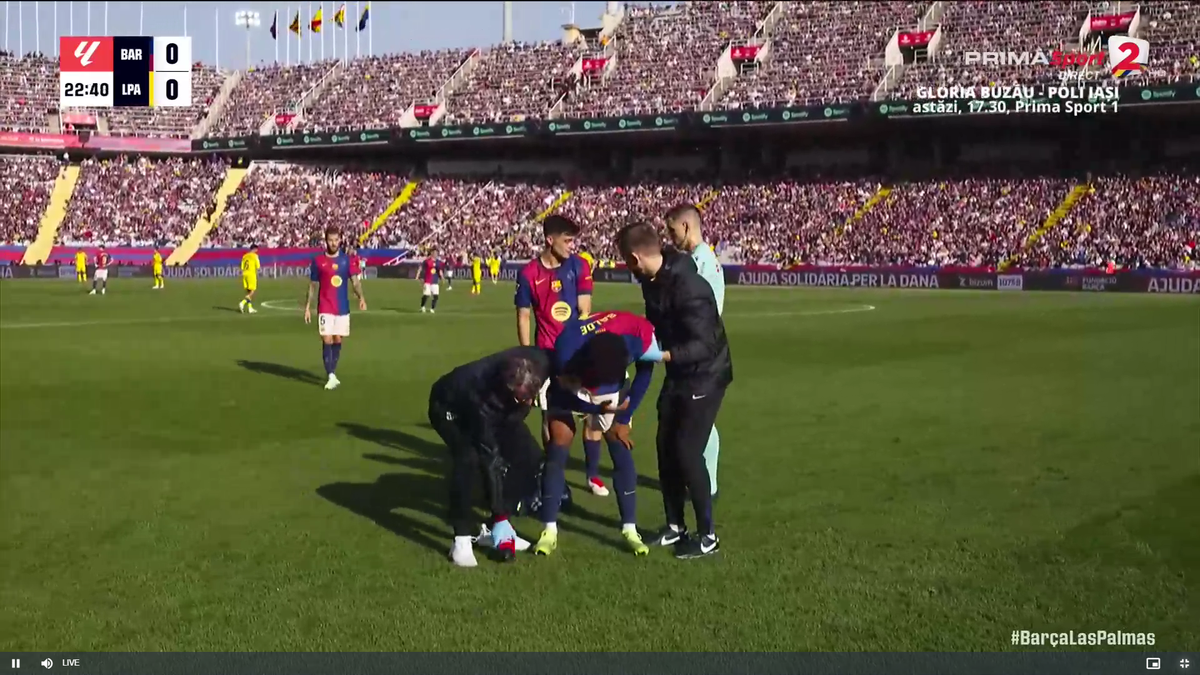 Clipe de panică în Barcelona - Las Palmas » Fotbalistul catalanilor a primit o lovitură în gât și nu se mai putea ridica