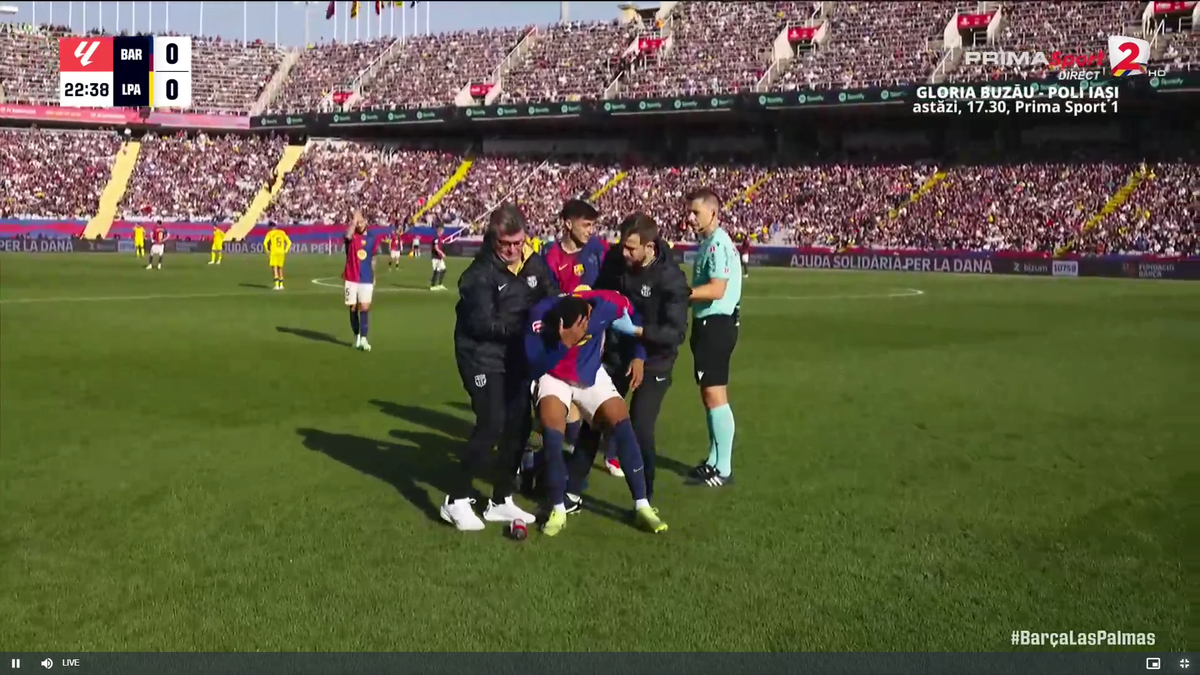Clipe de panică în Barcelona - Las Palmas » Fotbalistul catalanilor a primit o lovitură în gât și nu se mai putea ridica