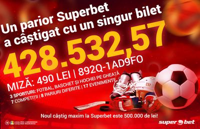 Superbet a plătit un câștig istoric pe un singur bilet: 428.532 de lei! Minunea a fost prinsă cu 17 meciuri din 3 sporturi și 7 competiții diferite!