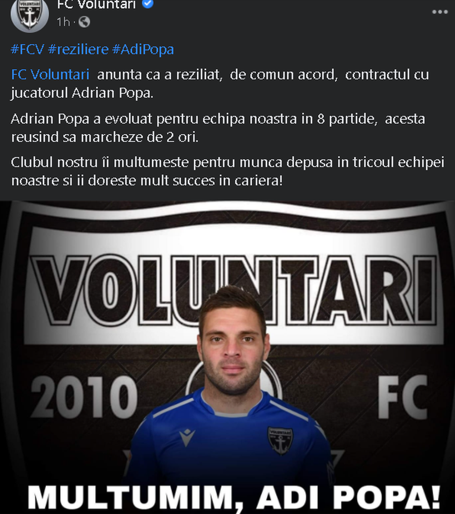 OFICIAL. Adi Popa, OUT de la FC Voluntari! Ilfovenii au anunțat și primul transfer al lui Bogdan Andone
