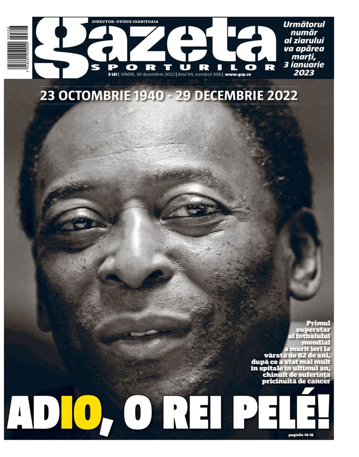 Și Gazeta Sporturilor, singurul cotidian de sport din România, i-a dedicat prima pagină lui Pelé: „La revedere, Rege Pele!”