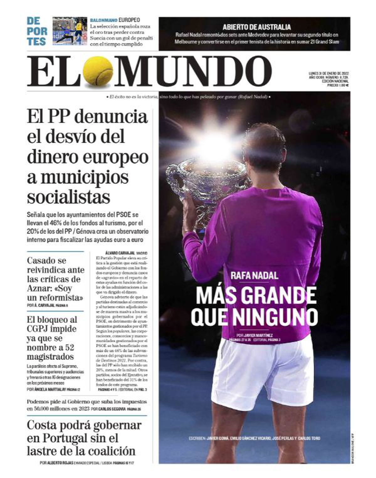 „Cel mai mare dintre cei mai mari” » Ediții de colecție ale presei internaționale, după victoria istorică reușită de Nadal la Australian Open