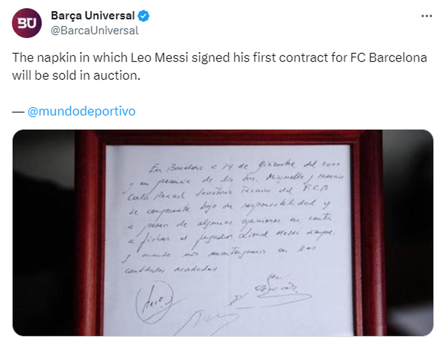 Licitație pentru șervețelul pe care Lionel Messi a semnat primul contract cu Barcelona. De la ce sumă pornește