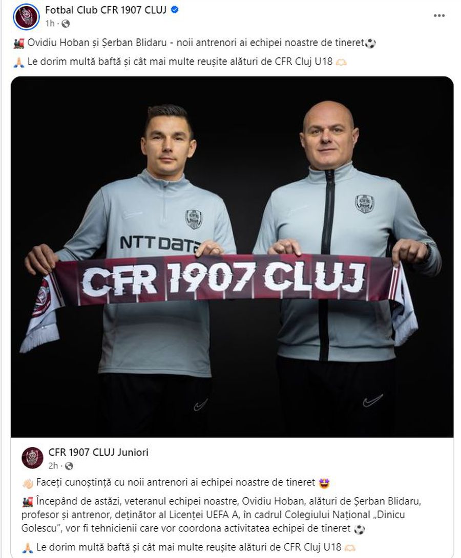 La mai puțin de un an de la retragere, Ovidiu Hoban a primit un post nou la CFR Cluj
