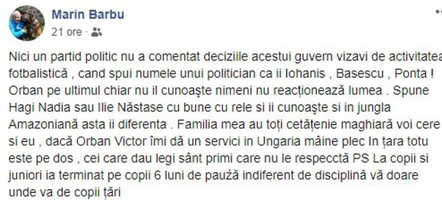 Un experimentat antrenor român a răbufnit pe Facebook: „Cer cetățenie magiară! Dacă Viktor Orban îmi dă un serviciu, mâine plec”