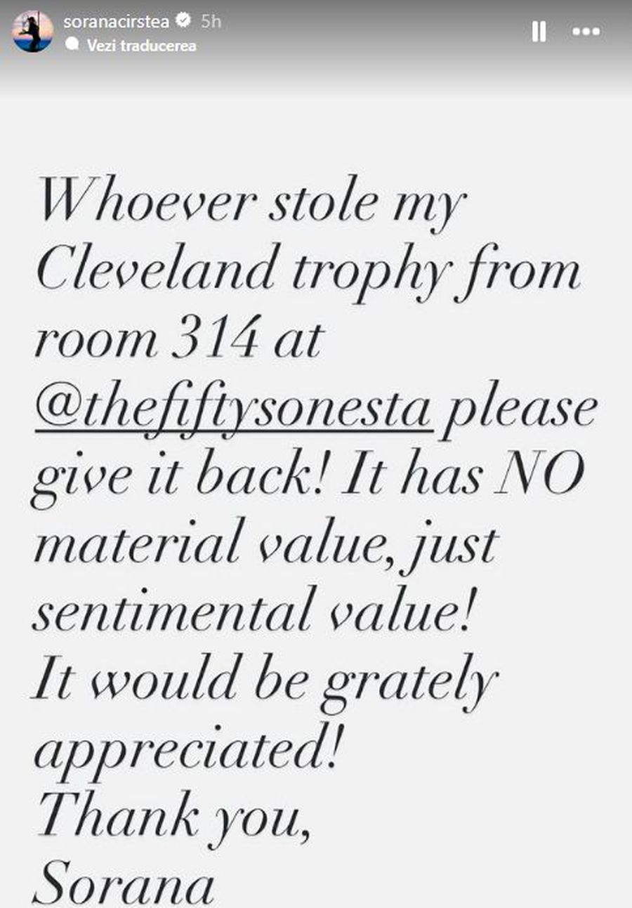 Sorana Cîrstea a fost jefuită la New York! Apel public: „Mi-a fost furat trofeul de la Cleveland! Vă rog, înapoiați-l”