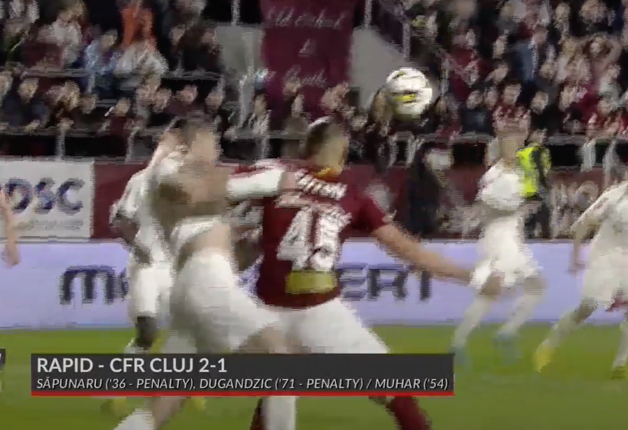 Momentul în care Dugandzic își păstrează poziția, trăgându-l de tricou pe Burcă. Conflict major de interese pentru arbitrul-controversat de la Rapid - CFR: firma familiei are contracte cu un club de Liga 1 » Câți bani câștigă arbitrul-consilier public, șef de club și șef de fotbal județean