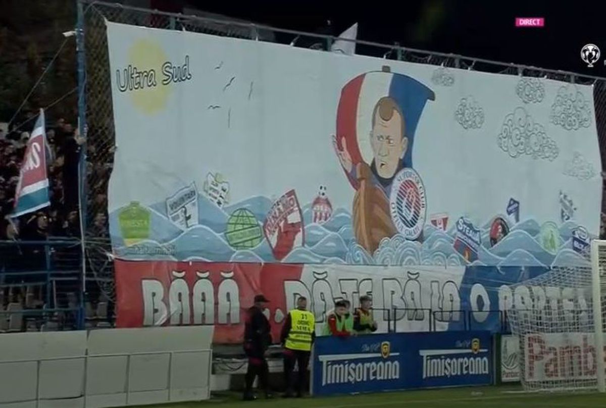 Scenografie dedicată lui Dorinel Munteanu la Oțelul - FCSB: „Băăă... dă-te, bă, la o parte!”